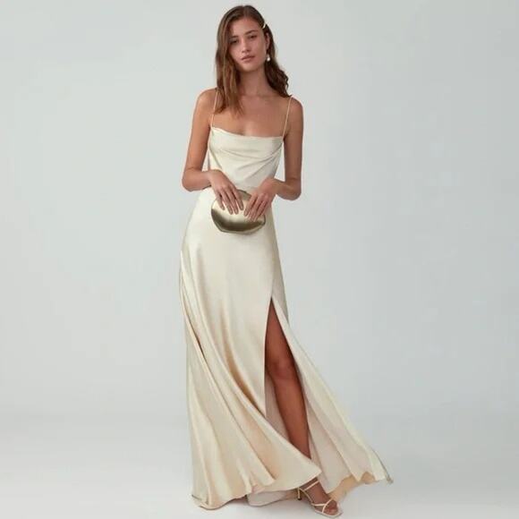 Fame & Partners Women's Strappy Draped Champagne Matte Satin Maxi Dress Size 4 - Picture 1 of 4